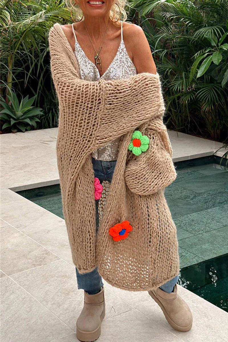 Women's casual elegant solid weave applique collar cardigan