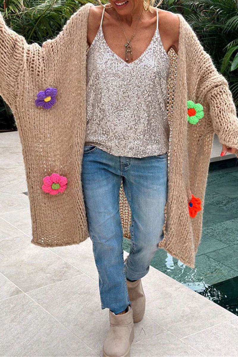 Women's casual elegant solid weave applique collar cardigan