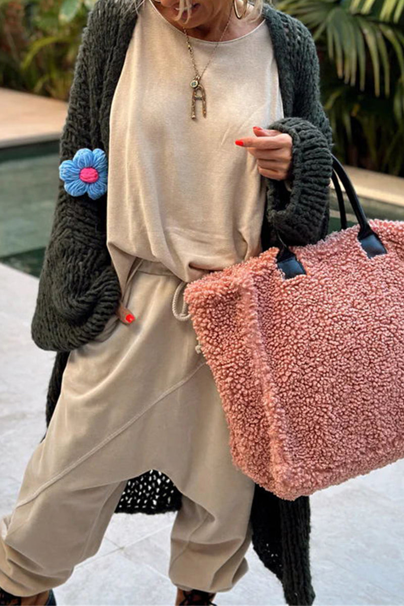 Women's casual elegant solid weave applique collar cardigan