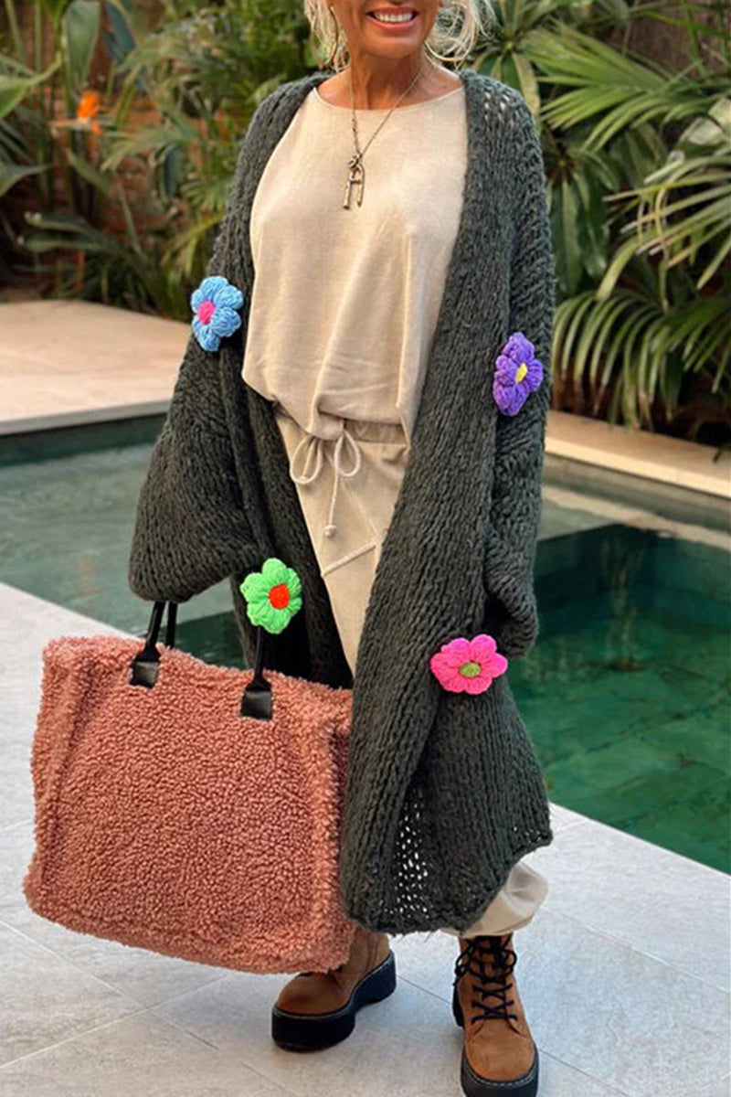Women's casual elegant solid weave applique collar cardigan