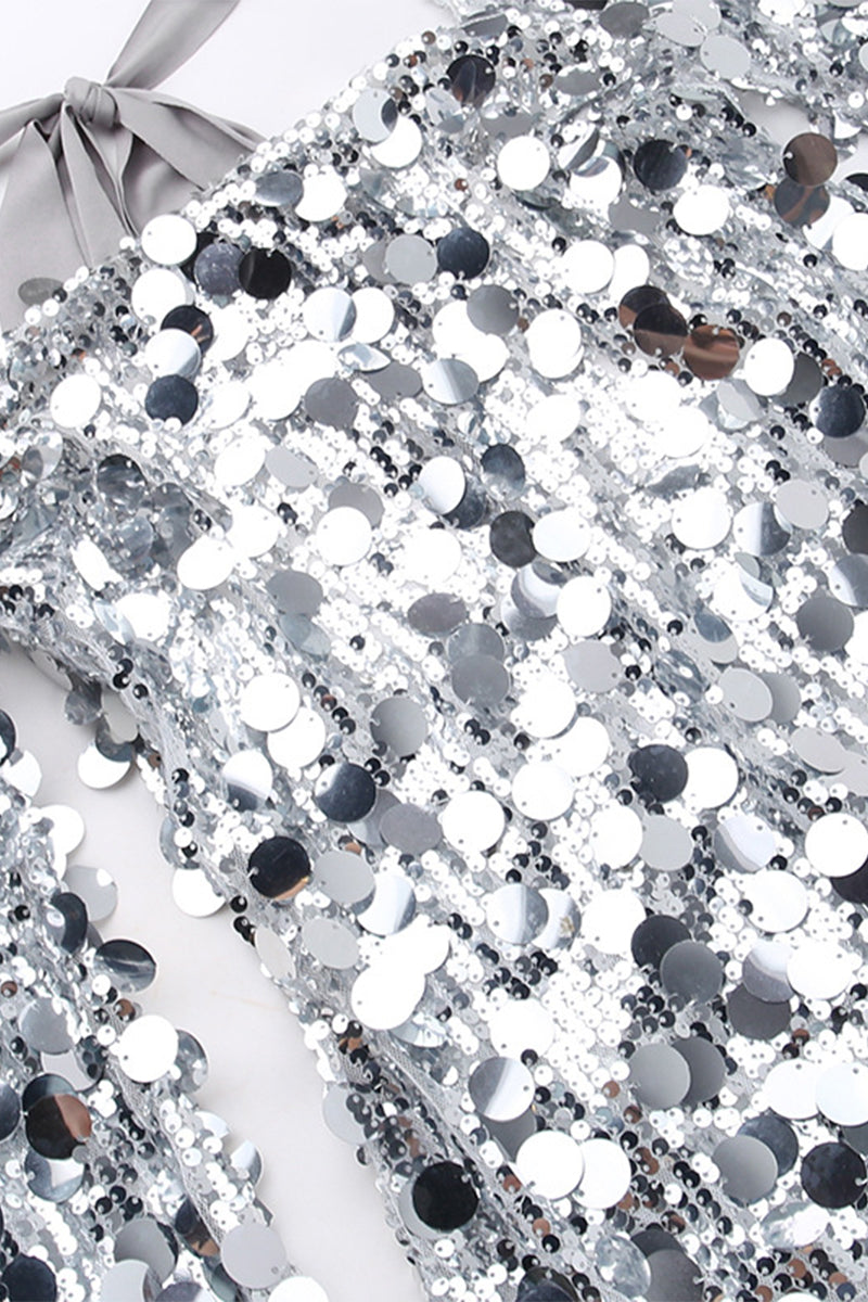 Women's Mini Dress - Sequin Fitted Design - Square Neckline - Long Sleeve Party Wear