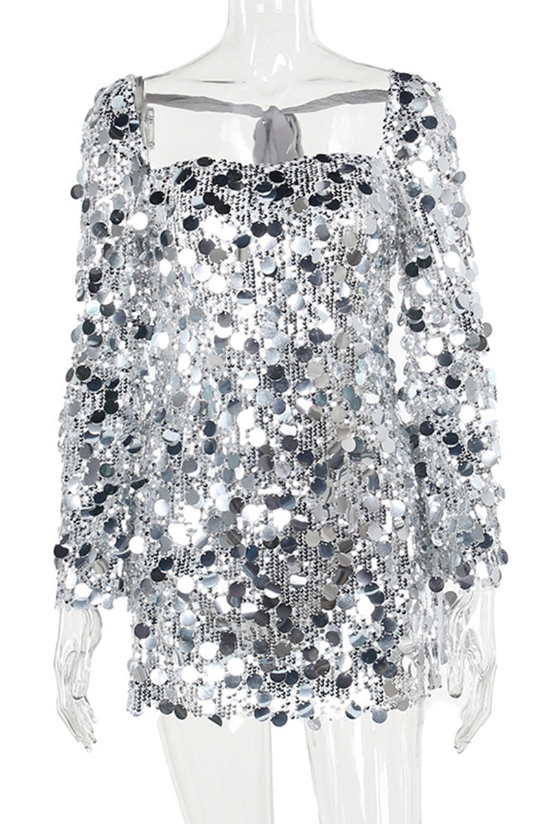 Women's Mini Dress - Sequin Fitted Design - Square Neckline - Long Sleeve Party Wear