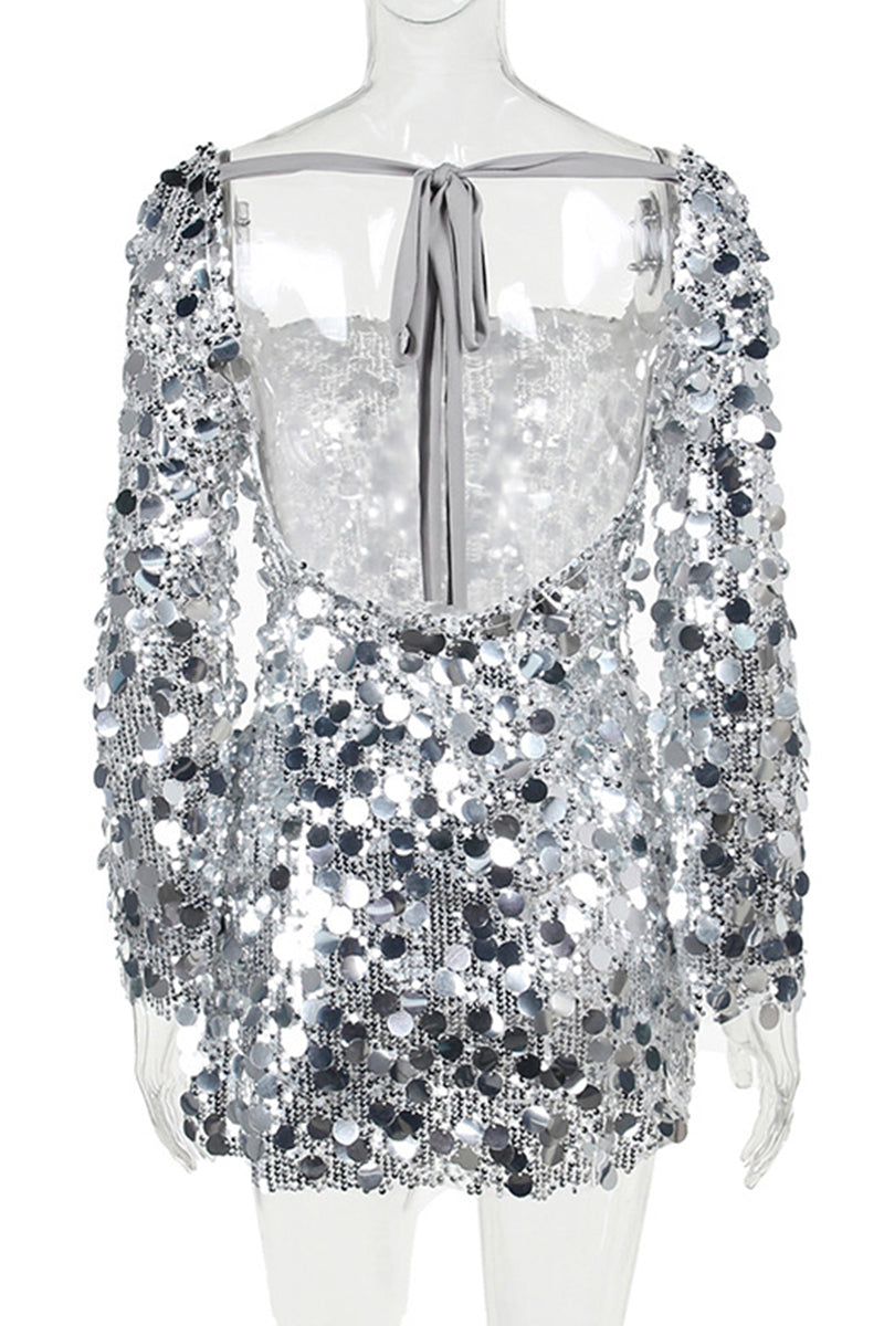Women's Mini Dress - Sequin Fitted Design - Square Neckline - Long Sleeve Party Wear