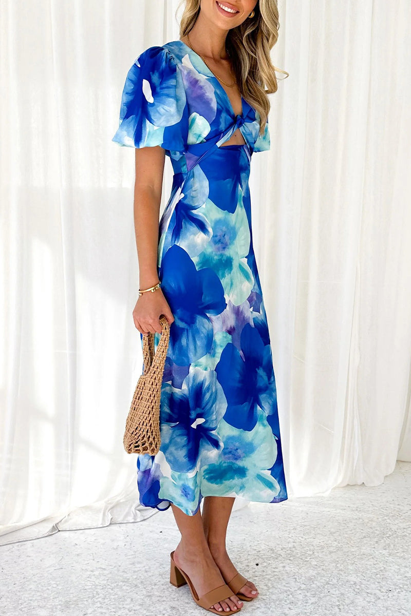 Women's Midi Dress - Puff Sleeve - Keyhole Cutout - Fitted Waist - A-Line Silhouette