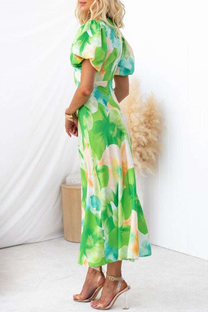 Women's Midi Dress - Puff Sleeve - Keyhole Cutout - Fitted Waist - A-Line Silhouette