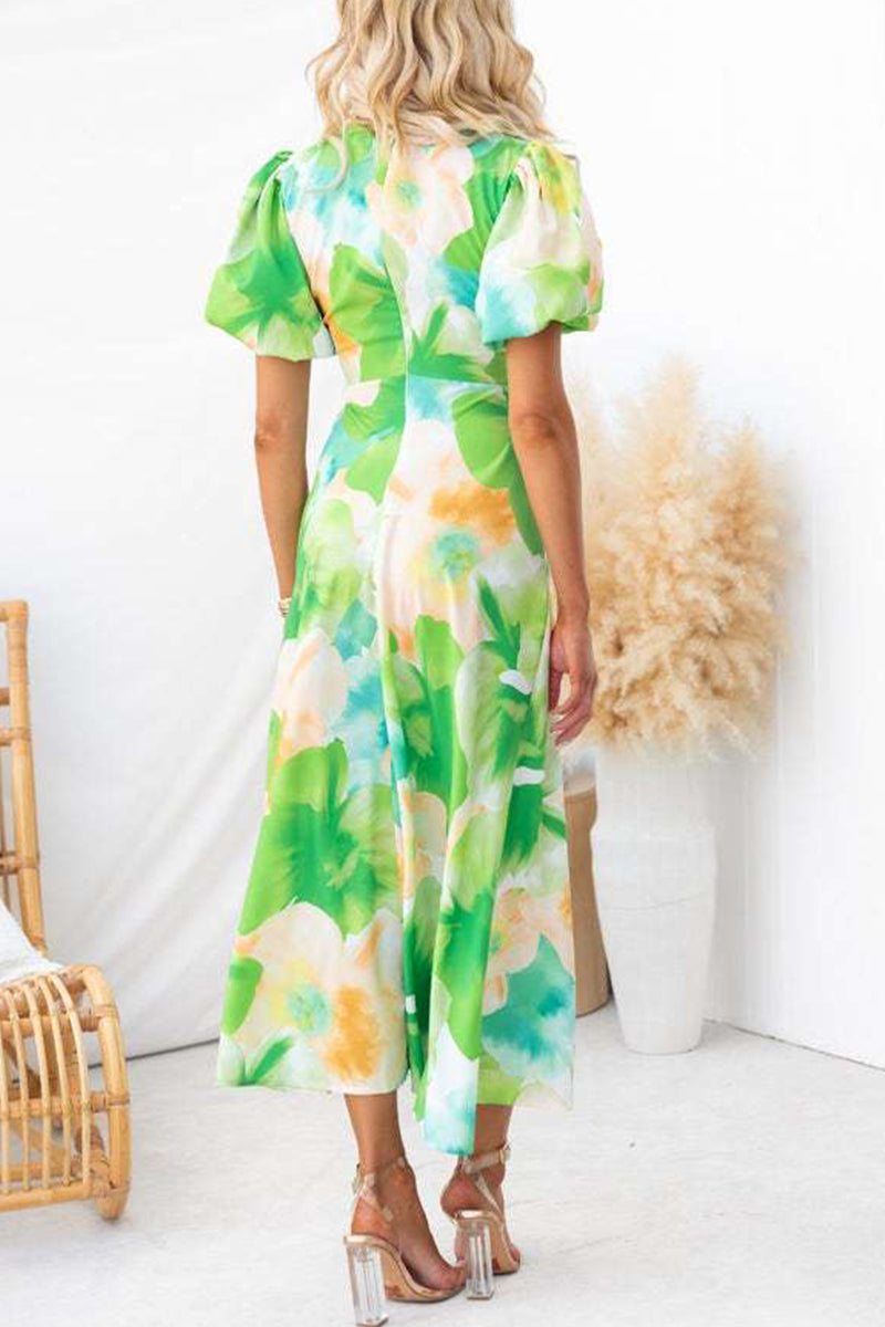 Women's Midi Dress - Puff Sleeve - Keyhole Cutout - Fitted Waist - A-Line Silhouette