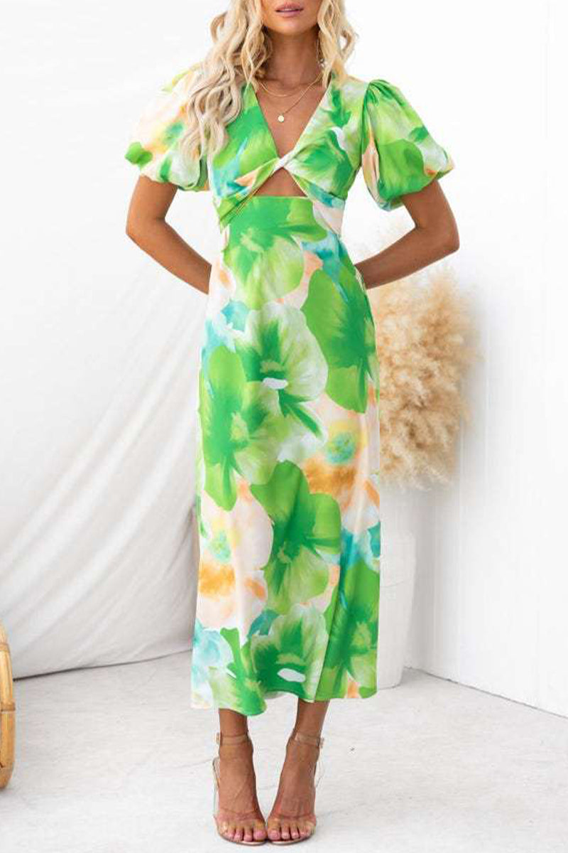 Women's Midi Dress - Puff Sleeve - Keyhole Cutout - Fitted Waist - A-Line Silhouette
