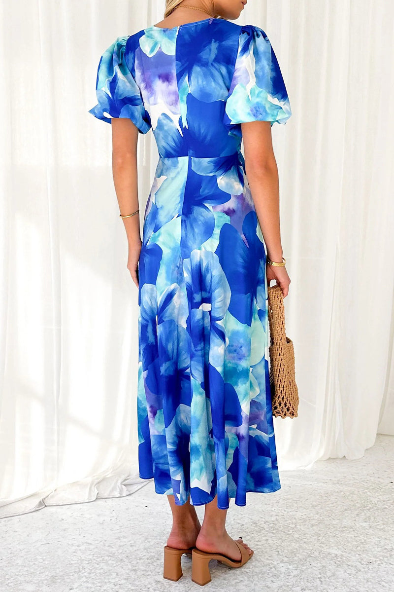 Women's Midi Dress - Puff Sleeve - Keyhole Cutout - Fitted Waist - A-Line Silhouette