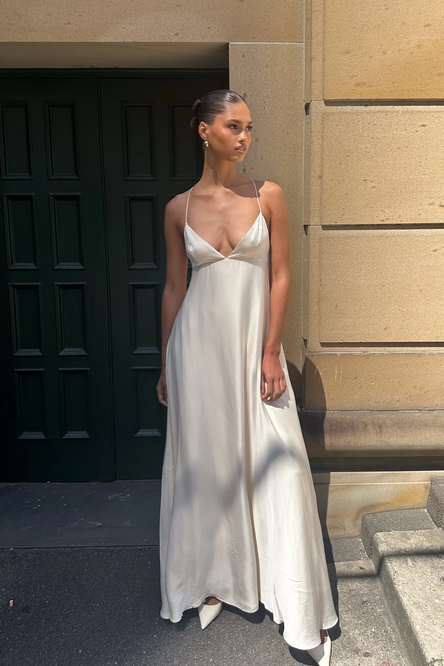 Women's Backless Maxi Dress - Smooth Flowing Finish - Spaghetti Straps - Elegant Flowing Fit