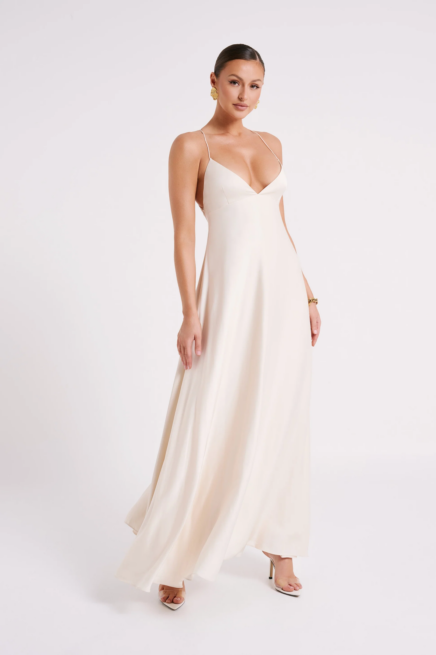 Women's Backless Maxi Dress - Smooth Flowing Finish - Spaghetti Straps - Elegant Flowing Fit