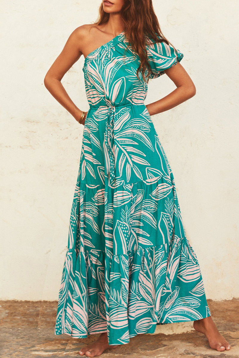 Women’s One-Shoulder Maxi Dress - Floral Print - Puff Sleeve - Flowy Fit