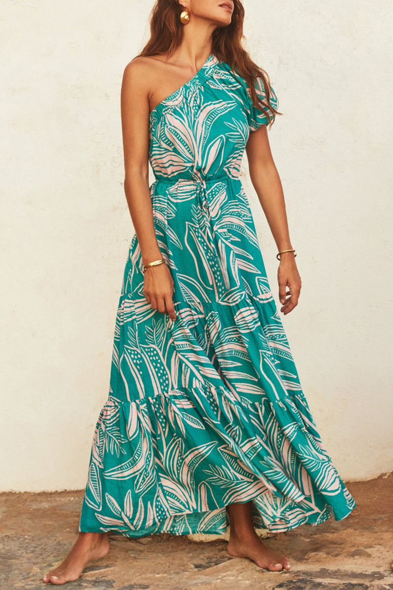 Women’s One-Shoulder Maxi Dress - Floral Print - Puff Sleeve - Flowy Fit
