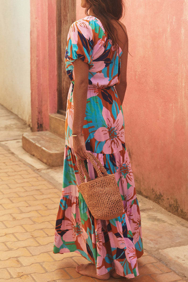 Women’s One-Shoulder Maxi Dress - Floral Print - Puff Sleeve - Flowy Fit