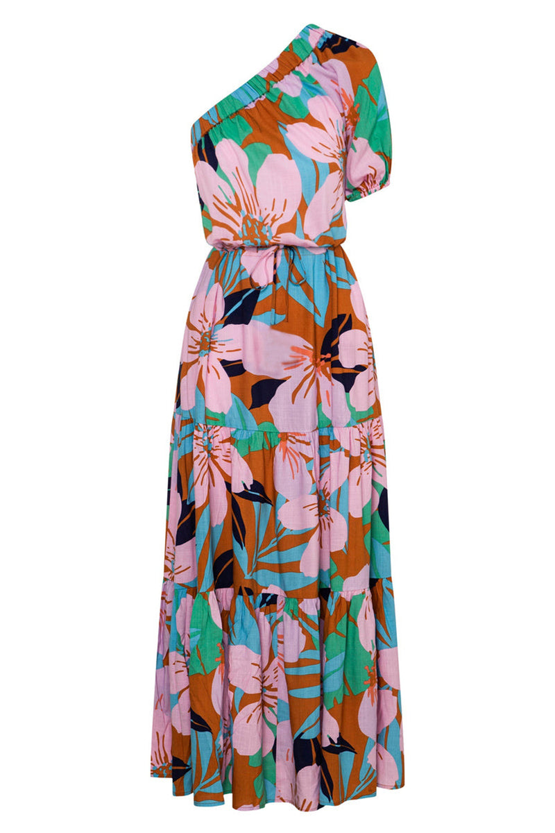 Women’s One-Shoulder Maxi Dress - Floral Print - Puff Sleeve - Flowy Fit