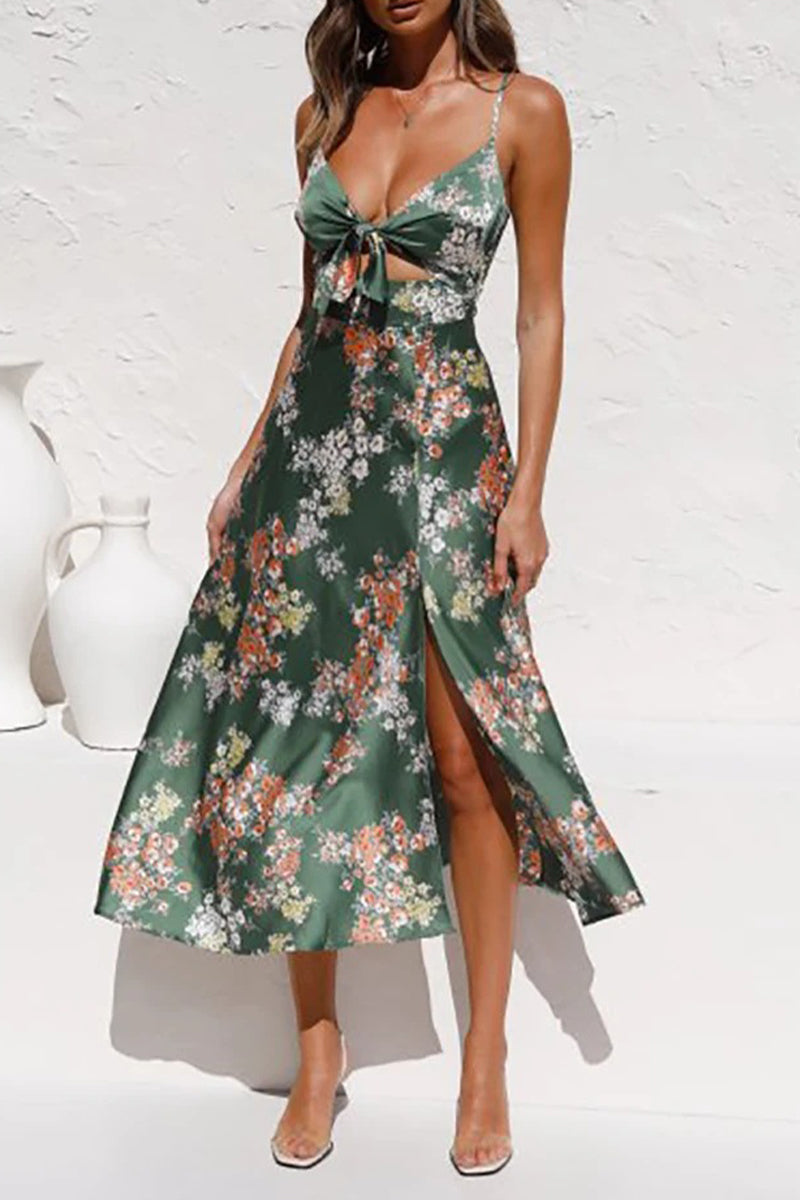 Sweet and fresh V-neck halter dress with swing skirt for women