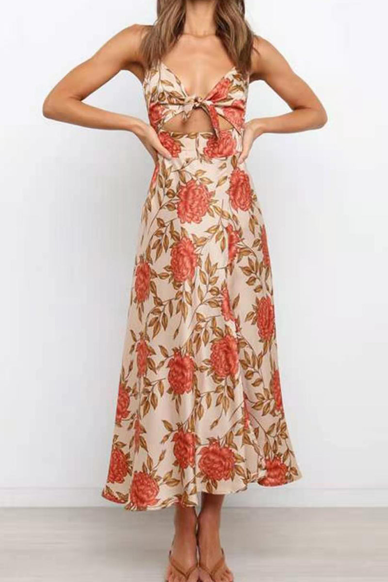 Sweet and fresh V-neck halter dress with swing skirt for women