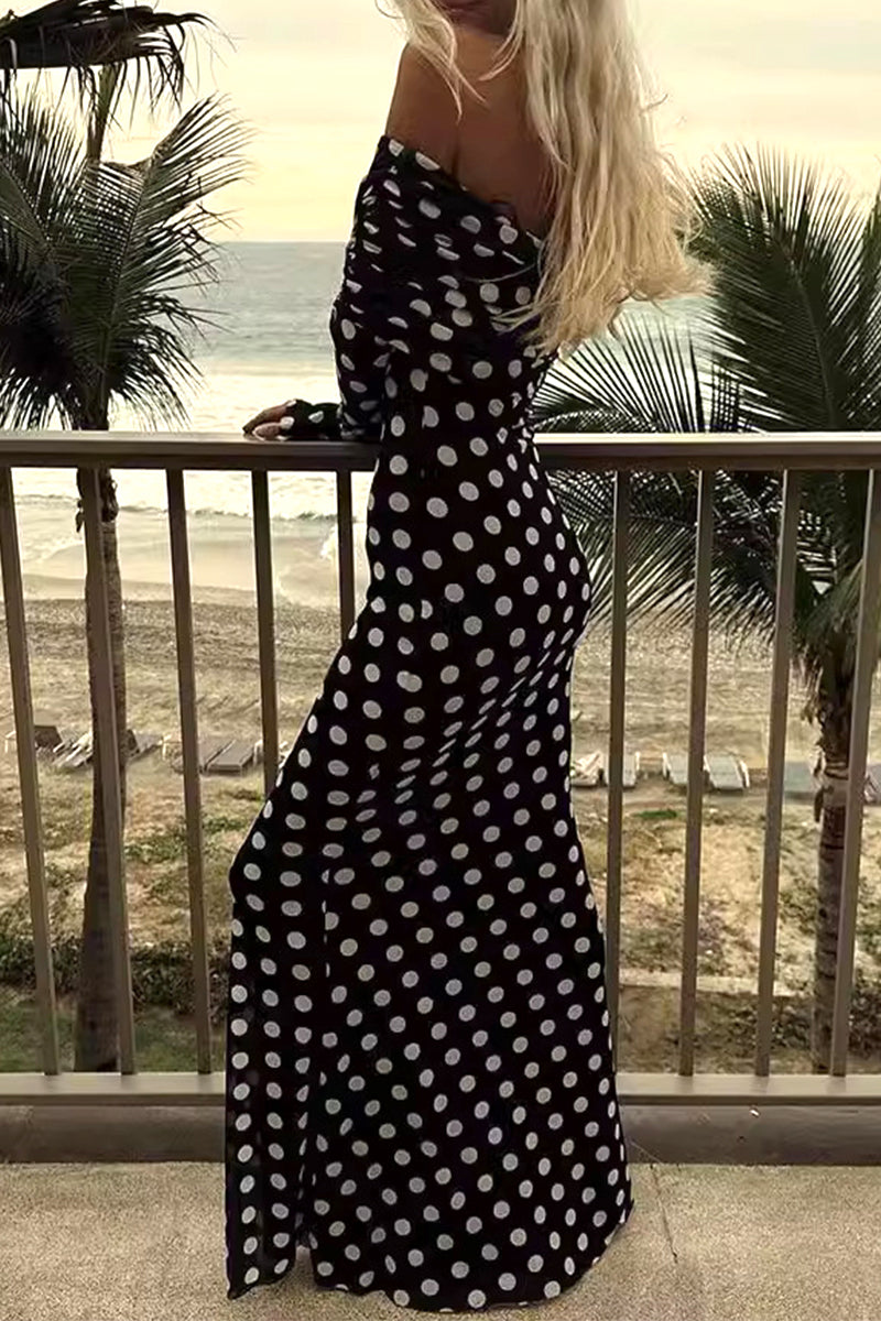 Women's Maxi Dress - Off Shoulder - Long Sleeve - Polka Dot - Elegant Bodycon Fit