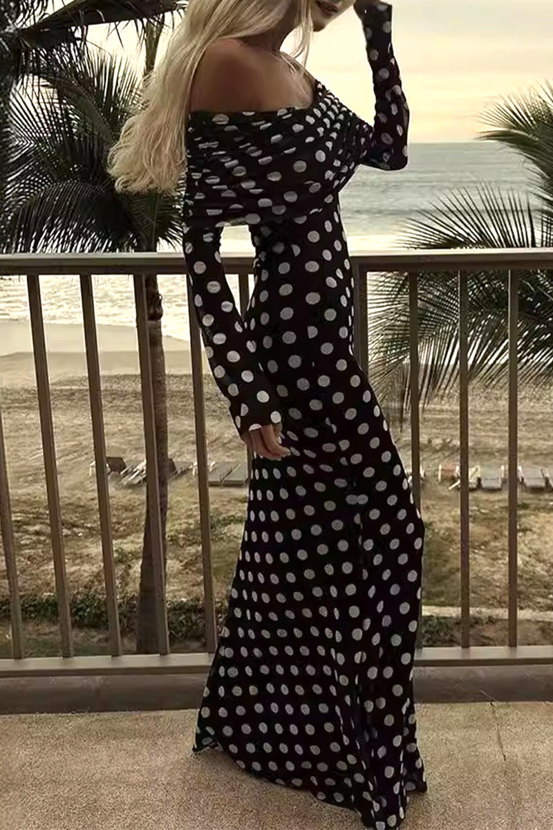 Women's Maxi Dress - Off Shoulder - Long Sleeve - Polka Dot - Elegant Bodycon Fit