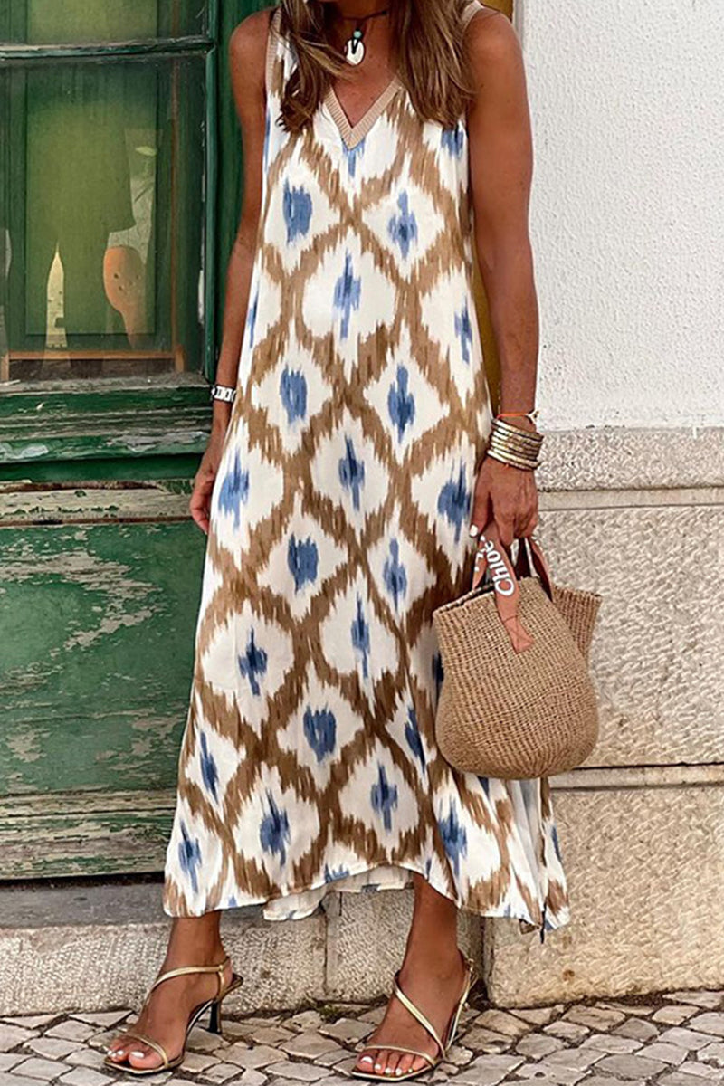Women's Maxi Dress - Sleeveless V-Neck - Bohemian Geometric Print - Flowy Casual Wear