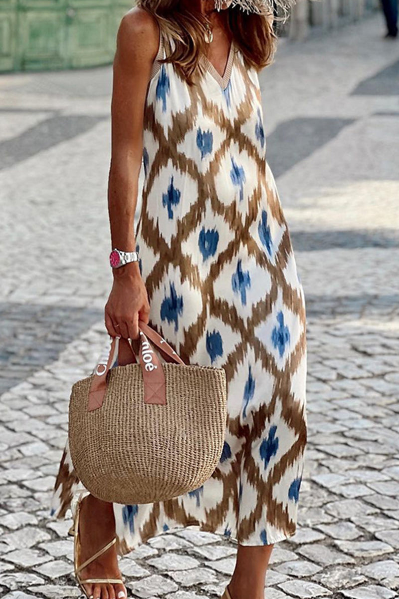 Women's Maxi Dress - Sleeveless V-Neck - Bohemian Geometric Print - Flowy Casual Wear