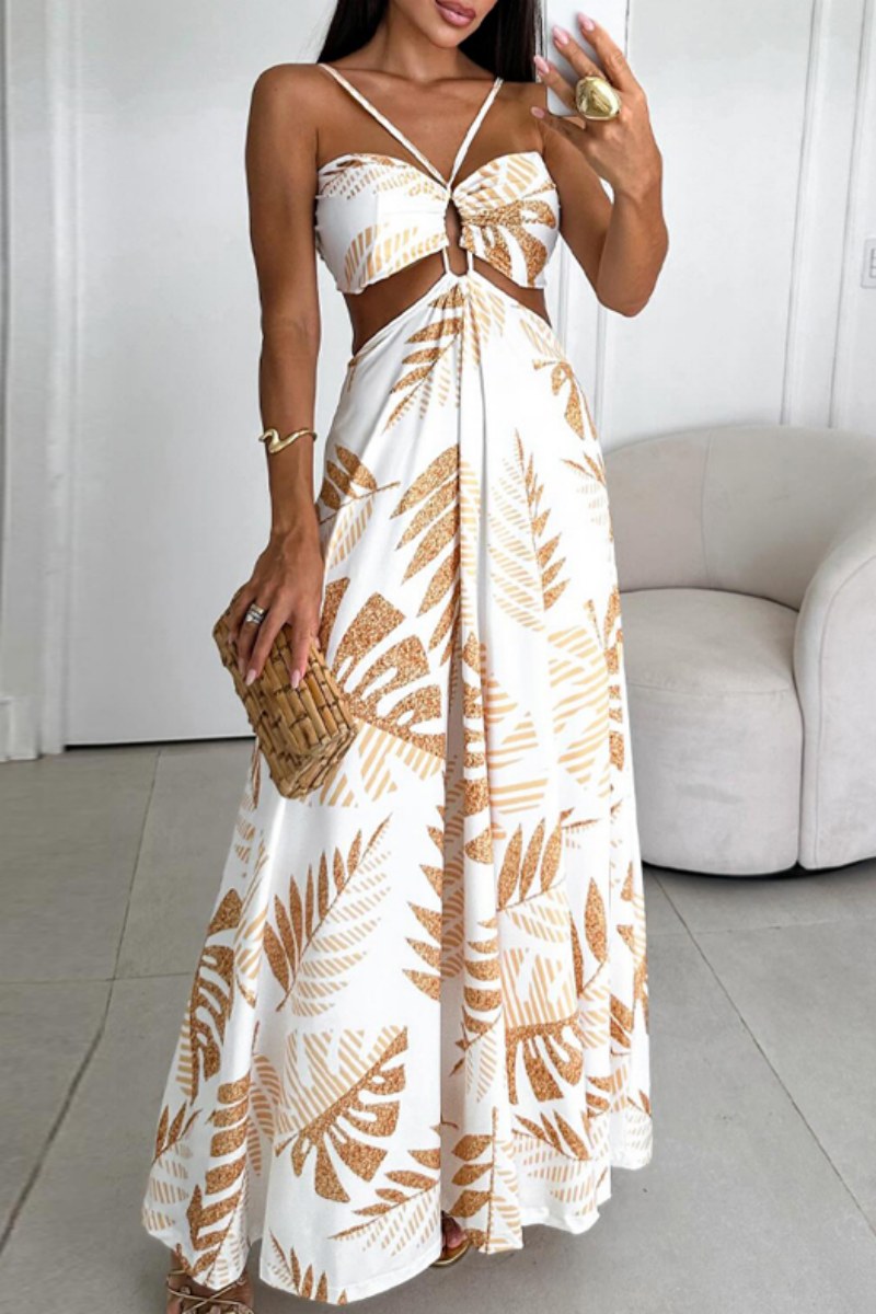 Women's Maxi Dress - Halter Neck - Open Back - Tropical Print - Flowy A-Line Silhouette