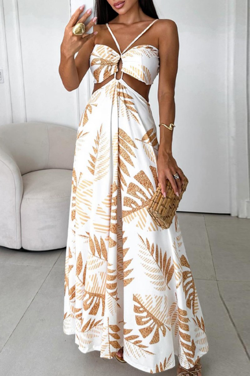 Women's Maxi Dress - Halter Neck - Open Back - Tropical Print - Flowy A-Line Silhouette