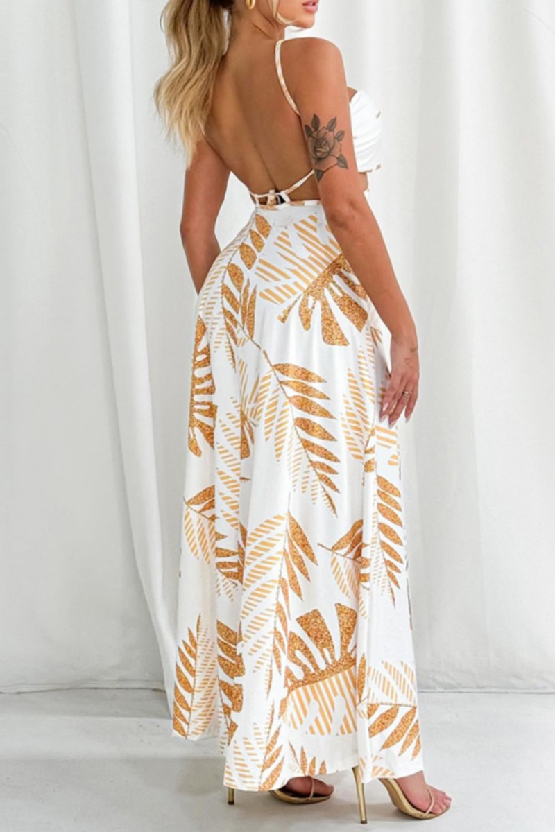 Women's Maxi Dress - Halter Neck - Open Back - Tropical Print - Flowy A-Line Silhouette