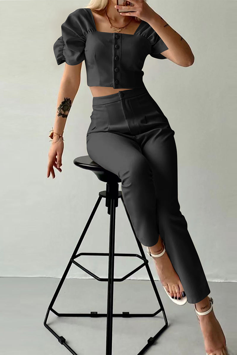Goka - casual british style solid buttons fold square collar short sleeve two pieces