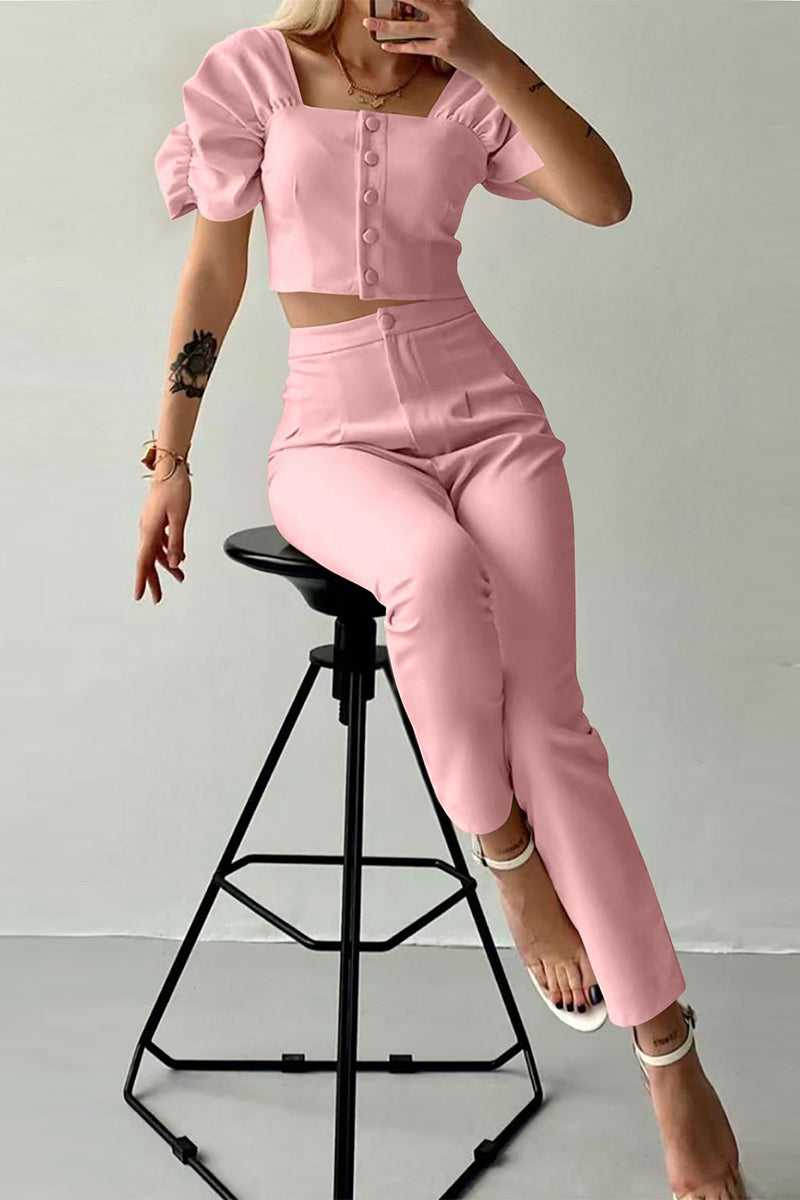 Goka - casual british style solid buttons fold square collar short sleeve two pieces