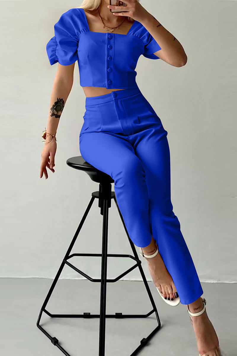 Goka - casual british style solid buttons fold square collar short sleeve two pieces
