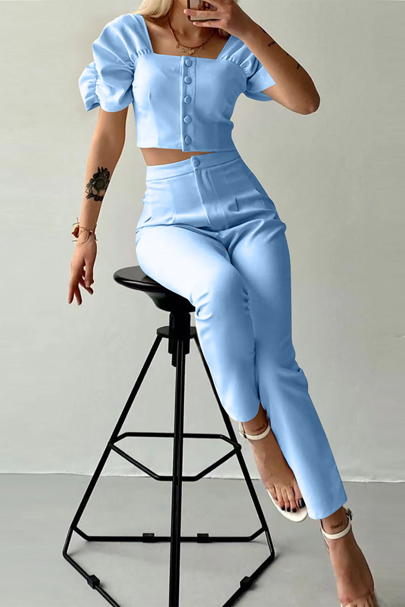 Goka - casual british style solid buttons fold square collar short sleeve two pieces