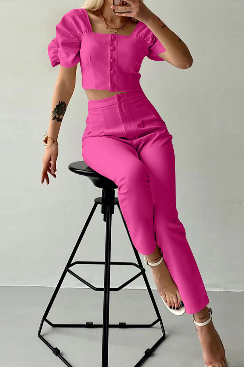 Goka - casual british style solid buttons fold square collar short sleeve two pieces