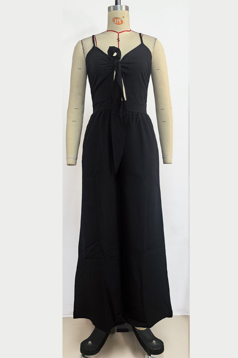 Women's Jumpsuit - Spaghetti Straps - Bow Tie Front - Wide Leg Flowy Fit