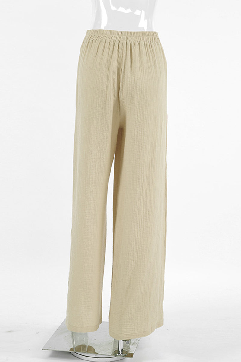 Vini - solid color lace up slit loose high waist wide leg solid color bottoms