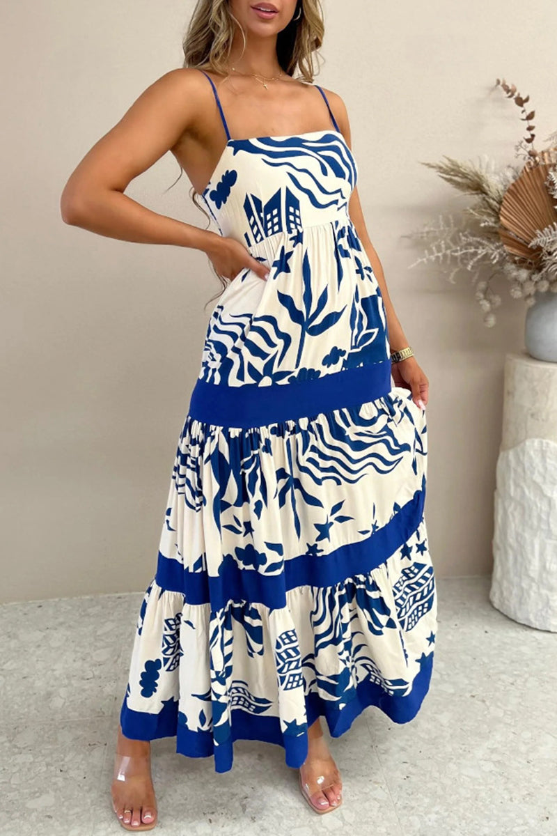 Women's Maxi Dress - Spaghetti Strap - Empire Waist - Tropical Print Flowy Beachwear