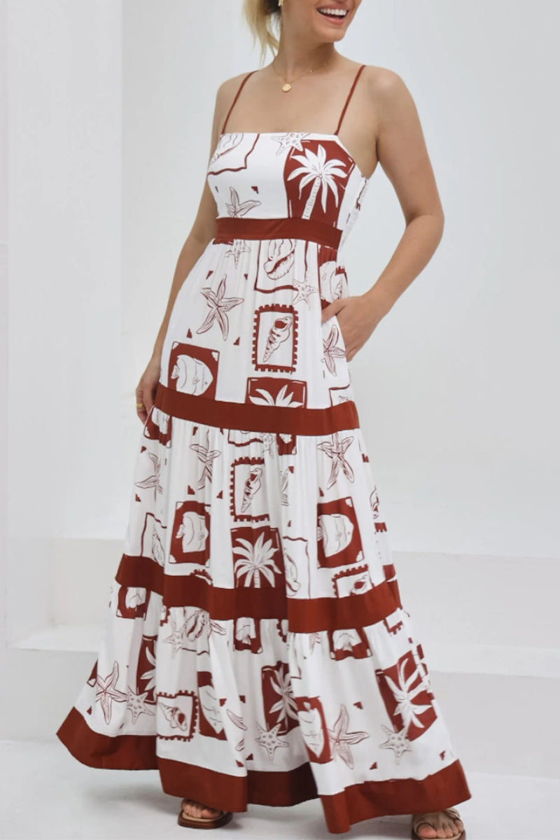 Women's Maxi Dress - Spaghetti Strap - Empire Waist - Tropical Print Flowy Beachwear
