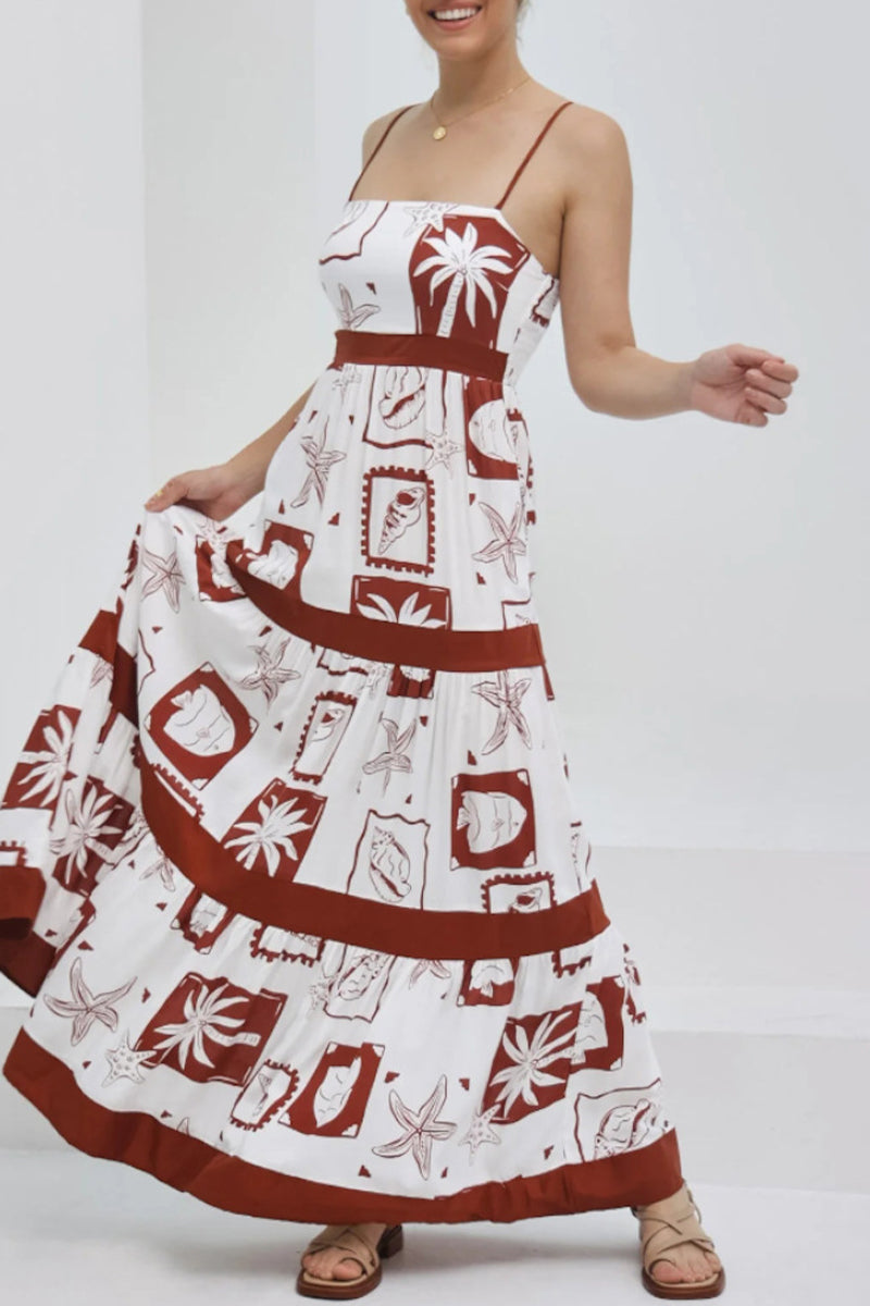 Women's Maxi Dress - Spaghetti Strap - Empire Waist - Tropical Print Flowy Beachwear