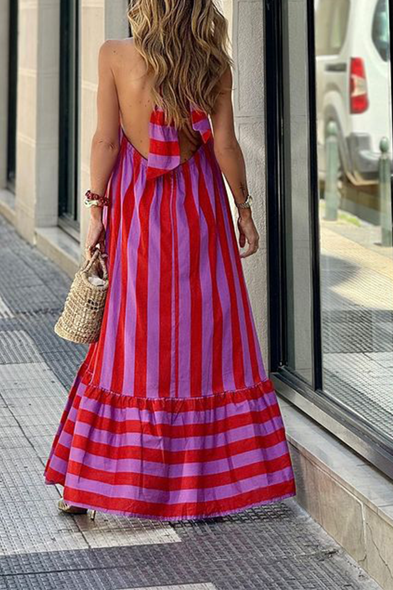 Women's Maxi Dress - Halter Neck - Backless - Striped Print - Flowy Elegant Fit
