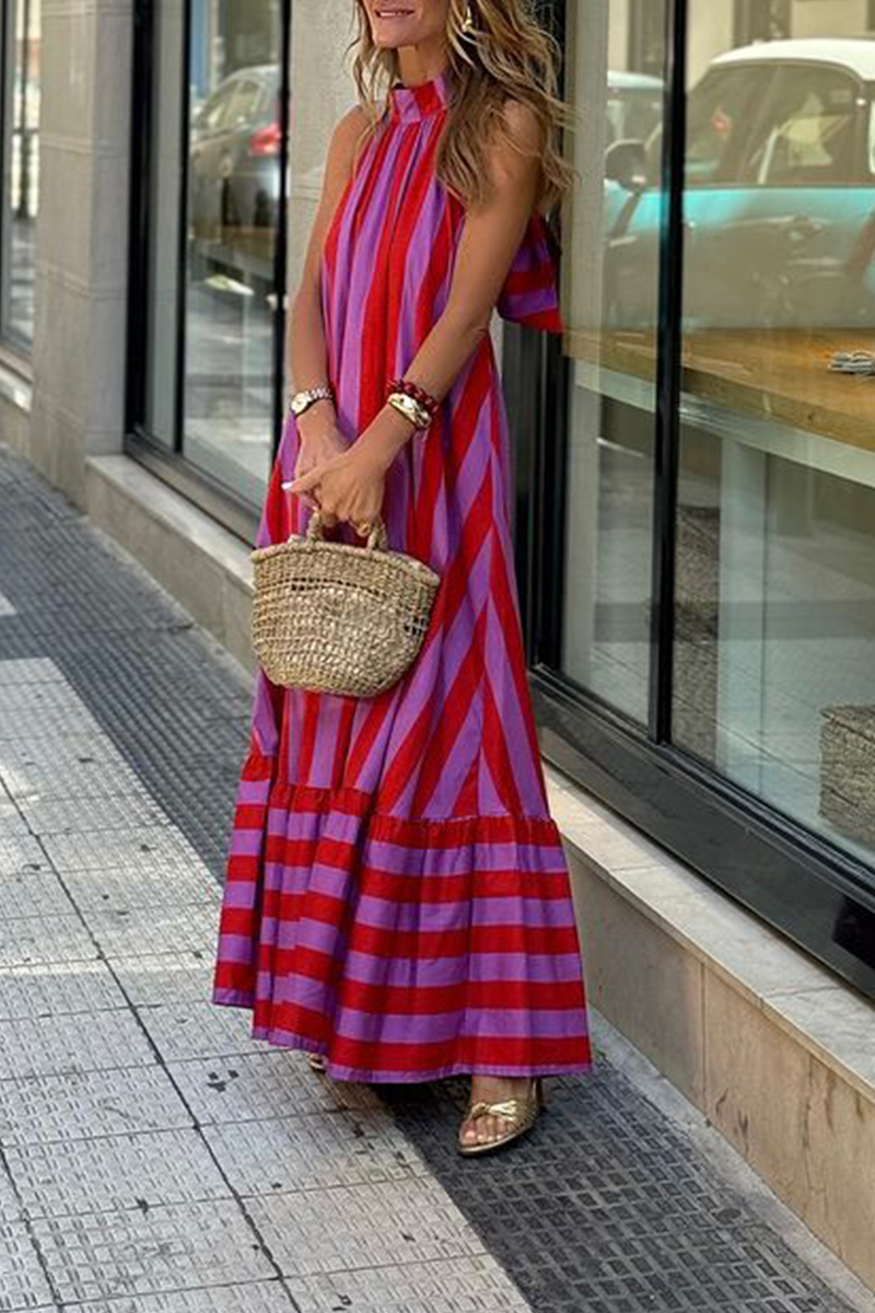 Women's Maxi Dress - Halter Neck - Backless - Striped Print - Flowy Elegant Fit