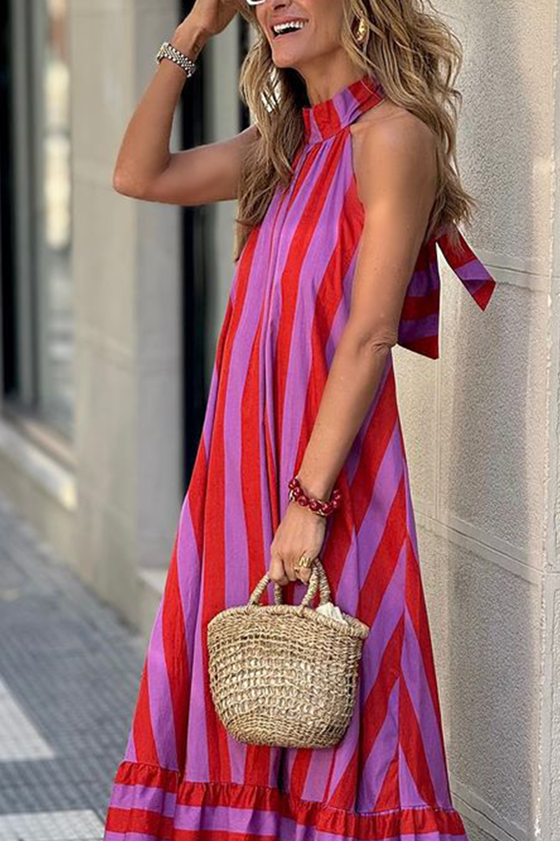 Women's Maxi Dress - Halter Neck - Backless - Striped Print - Flowy Elegant Fit