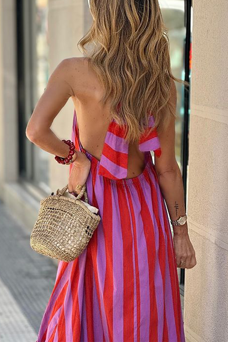 Women's Maxi Dress - Halter Neck - Backless - Striped Print - Flowy Elegant Fit