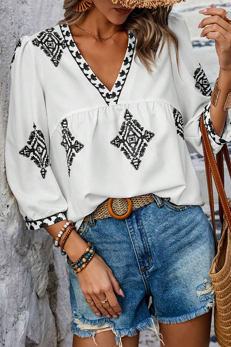 Kailani - casual geometric print lantern sleeve v neck top