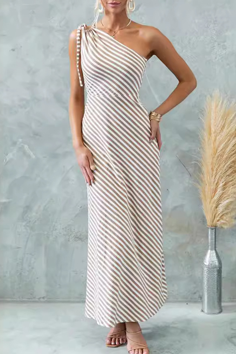 Women's Maxi Dress - One-Shoulder Bow Detail - Fitted Waist - Striped Elegant Design