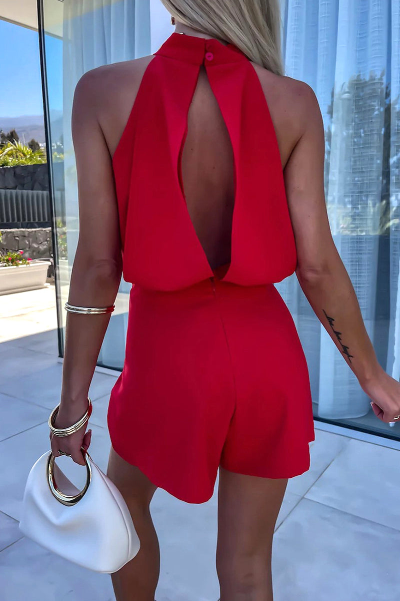 Women's Halter Neck Romper - Sleeveless - Waist-Defining Fit - Casual Shorts Style