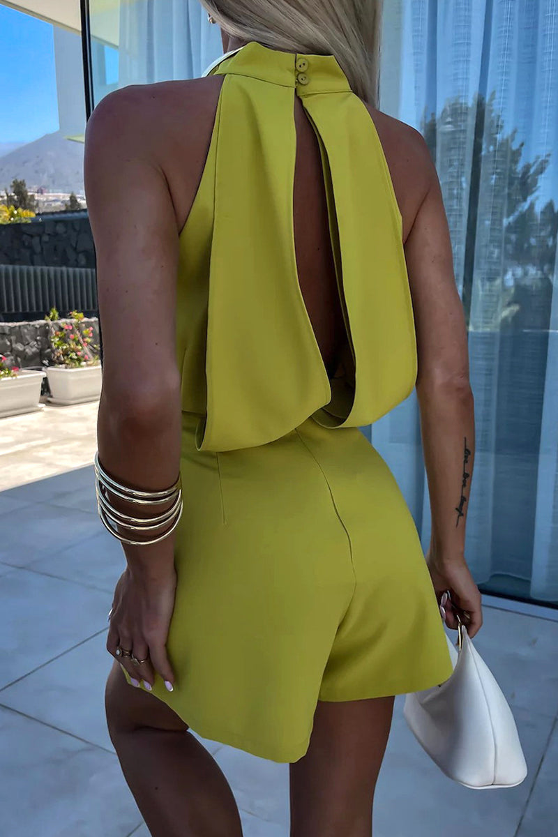 Women's Halter Neck Romper - Sleeveless - Waist-Defining Fit - Casual Shorts Style