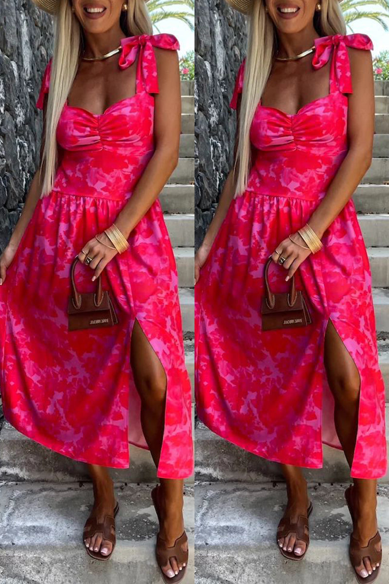 Women's Midi Dress - Sweetheart Neckline - Bow Straps - Side Slit Elegant Fit