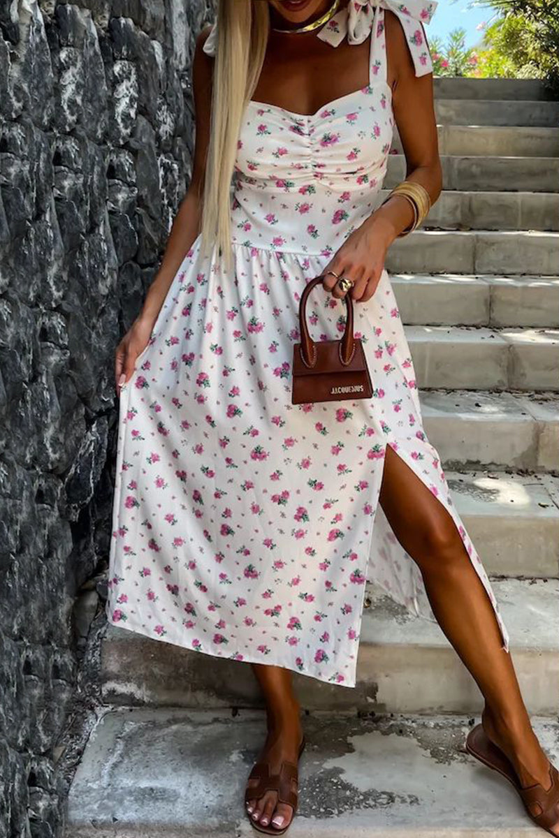 Women's Midi Dress - Sweetheart Neckline - Bow Straps - Side Slit Elegant Fit