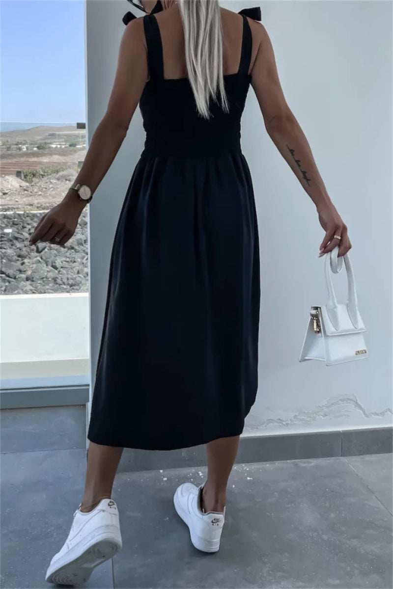 Women's Midi Dress - Sweetheart Neckline - Bow Straps - Side Slit Elegant Fit