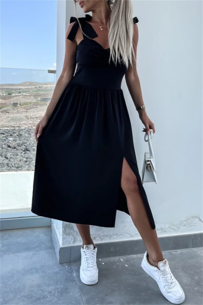 Women's Midi Dress - Sweetheart Neckline - Bow Straps - Side Slit Elegant Fit