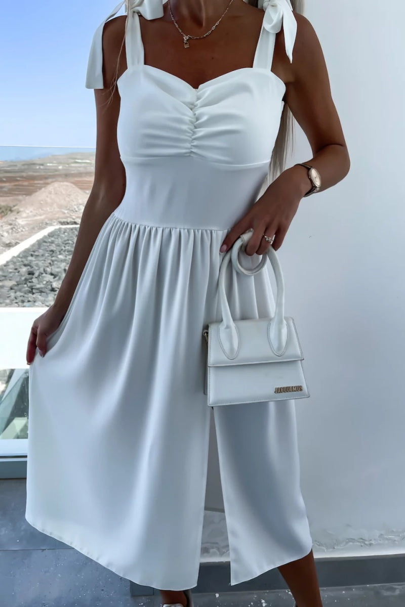 Women's Midi Dress - Sweetheart Neckline - Bow Straps - Side Slit Elegant Fit